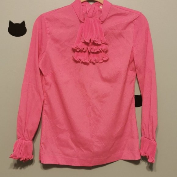 Vintage 1960s Blouse Pleated Ruffled Jabot Pink Medium - Picture 1 of 7